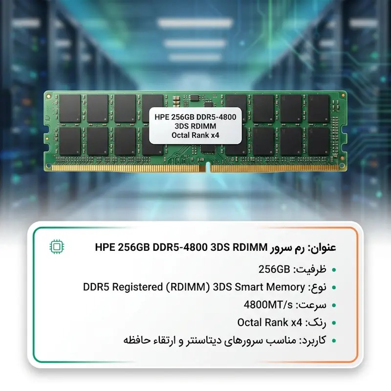 خرید رم سرور HPE 256GB DDR5-4800 Registered 3DS Smart Memory با پارت نامبر P43337-B21. بررسی مشخصات فنی، سازگاری، کاربردها و قیمت رم سرور اچ پی.